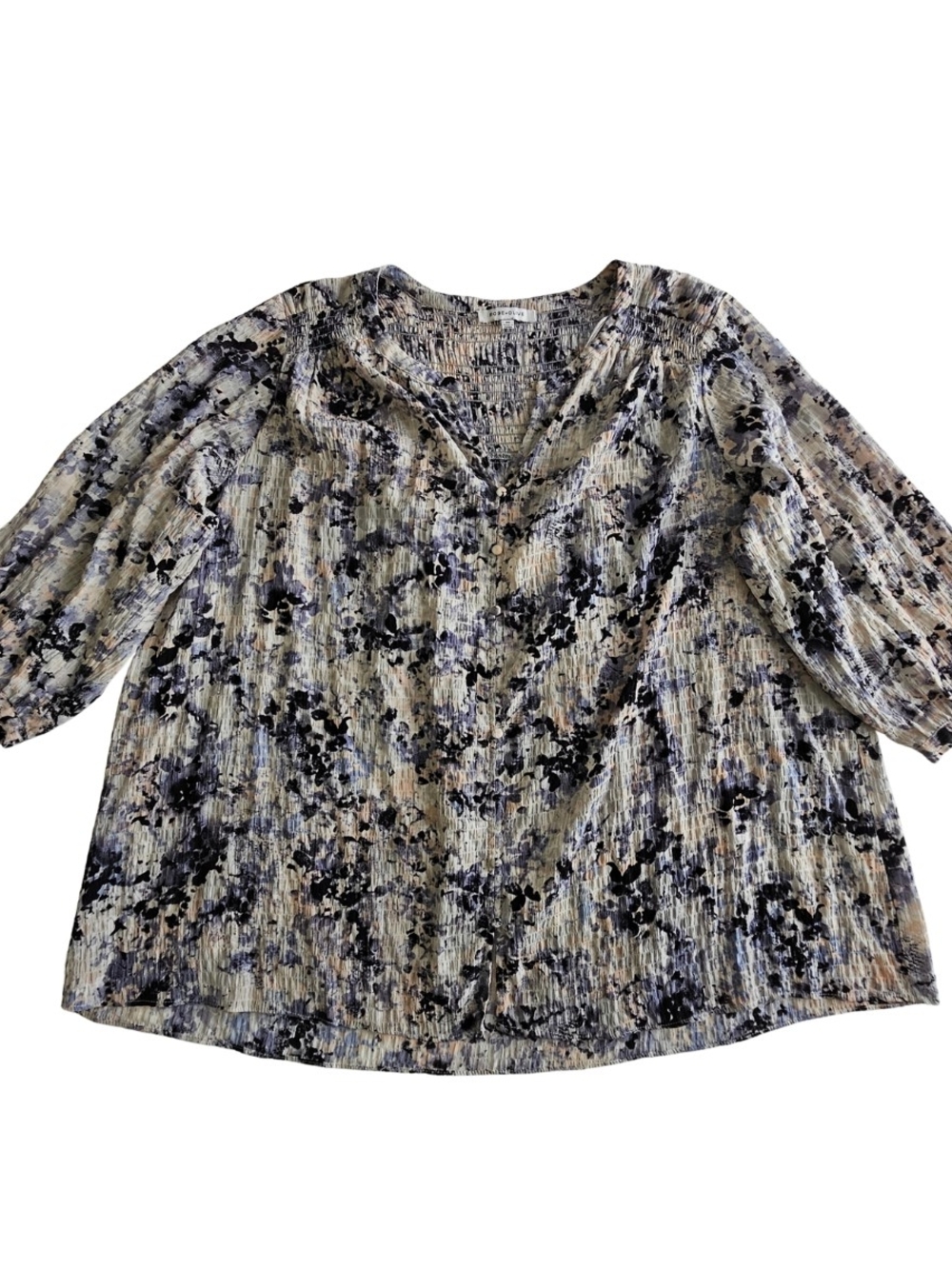 Rose & Olive Floral Smocked V-Neck Blouse in Cream and Blue